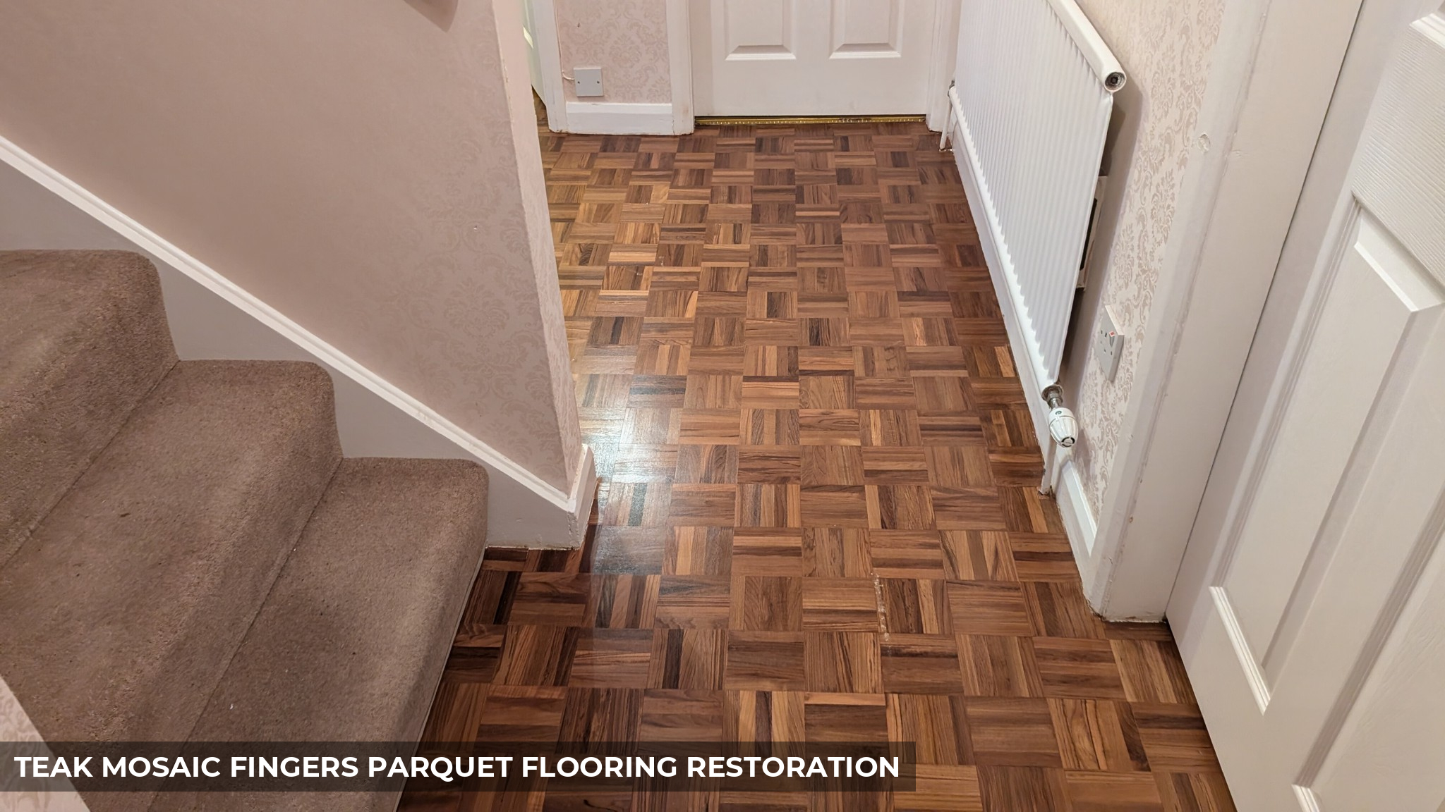 Teak Mosaic Fingers Parquet Flooring Restoration in Borehamwood